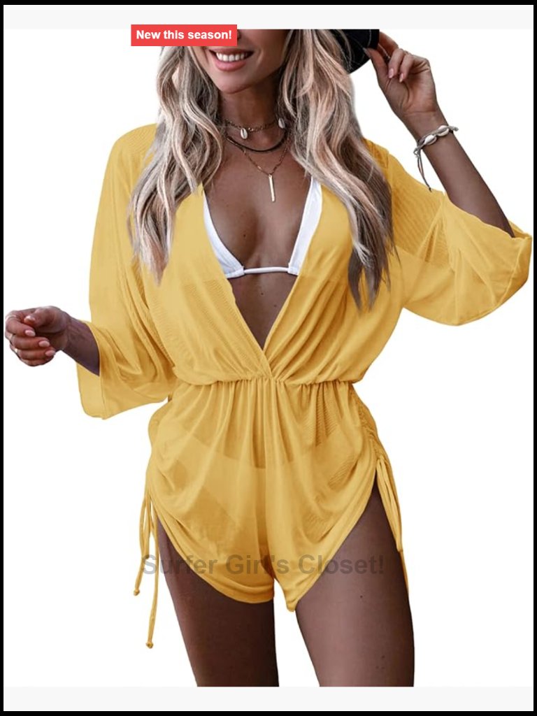Sheer Mesh See Through Bikini Romper Cover Up With Deep V Neck